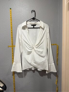 WHBM White Twist Front Blouse Size 10 Bell Sleeve Collared Top